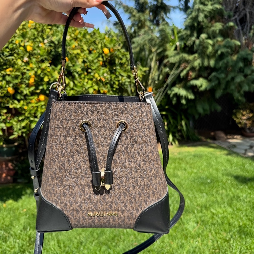 Michael Kors Brown and Black Crossbody Bag with Monogram Print